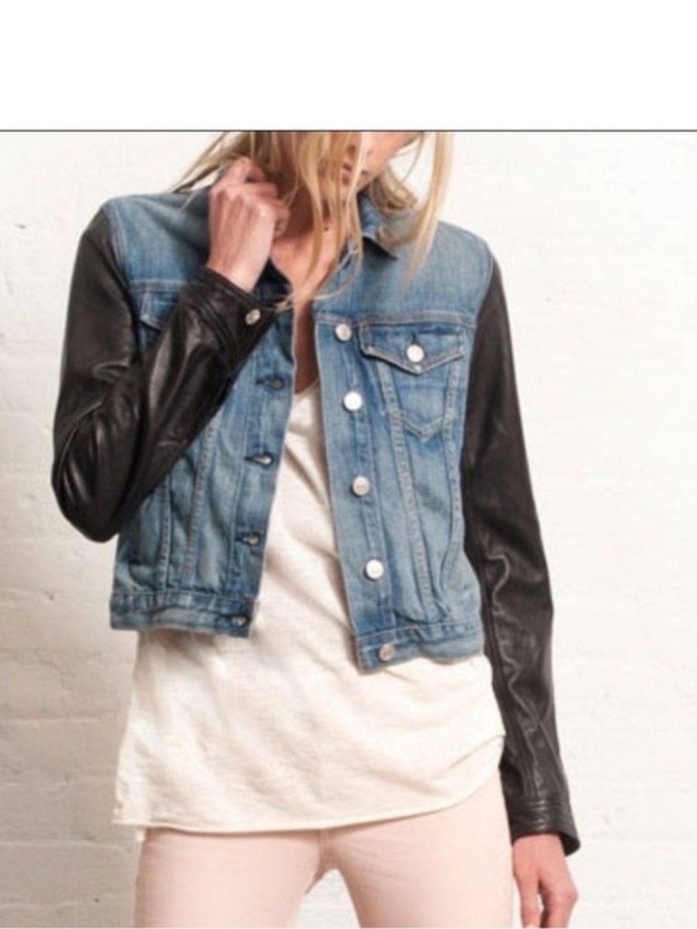 Rag & Bone JEAN Tattered Denim Jacket Black Lamb Leather Sleeves Size S